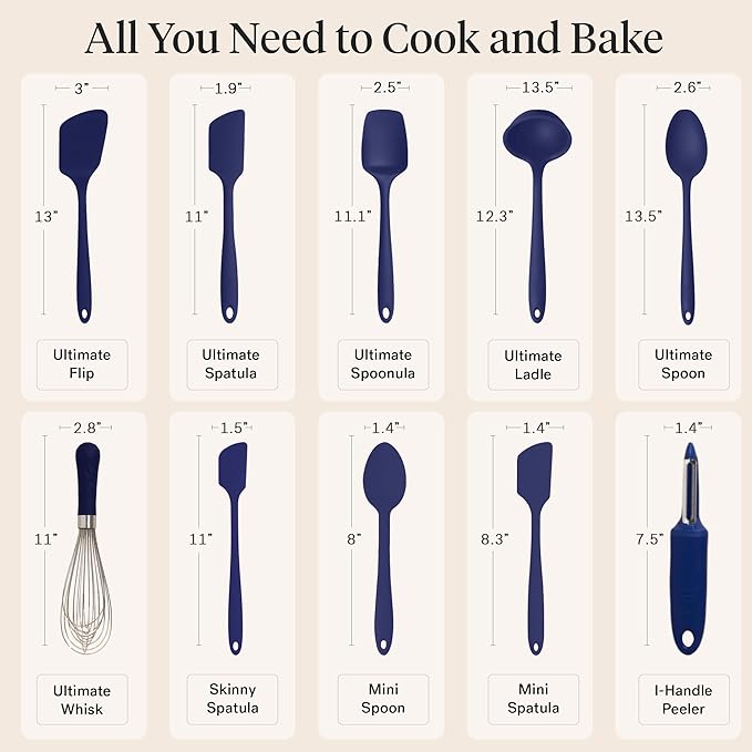 GIR: Get It Right 10-Piece Silicone Ultimate Kitchen Utensil Set ??Spatulas, Ladle, Flip, Spoons, Whisk, Peeler & Spoonula ??Nonstick, Non-Toxic, Heat-Resistant ??Navy