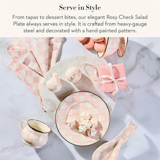 MACKENZIE-CHILDS Enamel Salad and Dessert Plate, Small Plate for Appetizers or Desserts, 8 Inches, Pink-and-White Rosy Check