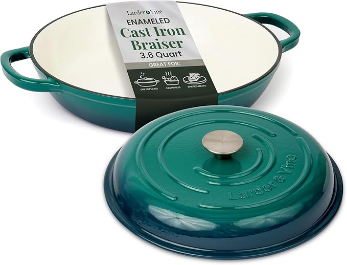 Larder & Vine Enameled Cast Iron Braiser | 3.6 qt Braiser Pan with Lid | Shallow Dutch Oven Compatible on All Cooktops | Casserole Dish Oven Safe to 500째 F | Dual Handles | Bondi