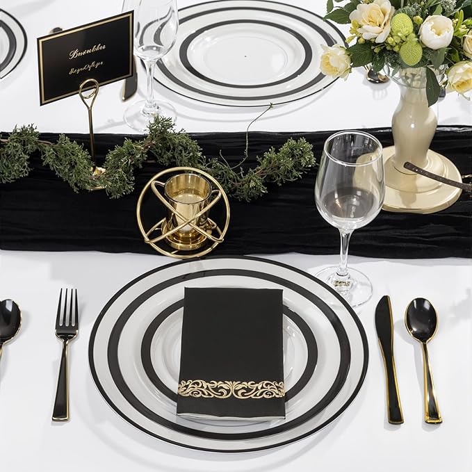 WDF 25 Pack Black Charger Plates - Clear Charges with Black Trim - 12inch Disposable Chargers Plates for New Year/Dinner Party/Wedding/Birthday