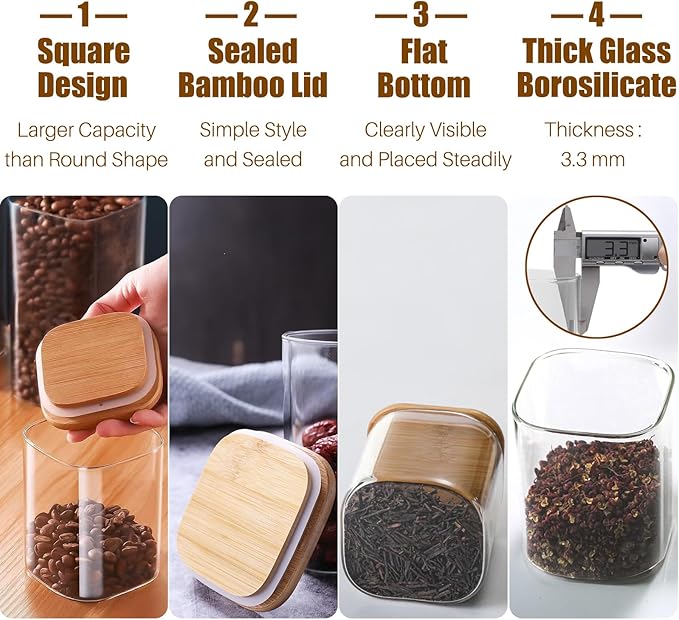6 Pack Glass Food Storage Jars with Airtight Lids, Clear Glass Jar with Bamboo Lid, Airtight Food Canister for Tea, Candy, Coffee, Sugar, Cookie, Snack. (Square| 5+6 Inch) SET of 3