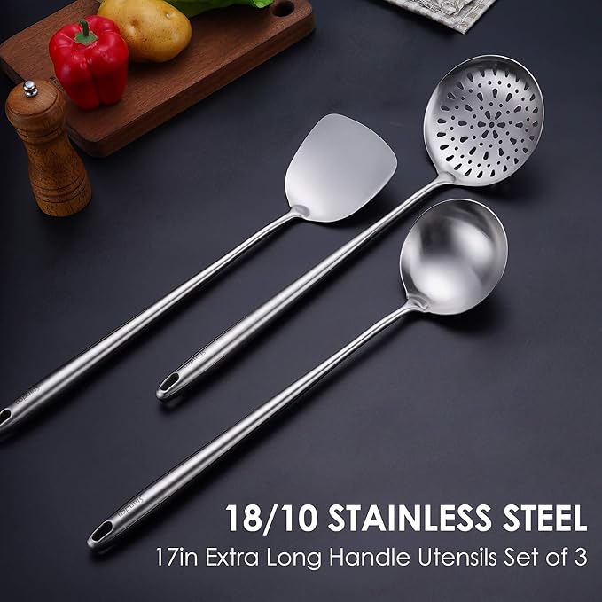 17??Wok Spatula and Ladle, Skimmer Spoon - 304 Stainless Steel Wok Tools Set, 3-Pieces Extra Long Handle Cooking Tools, All Metal Wok Utensils and Wok Accessories for Cast Iron/Carbon Steel Wok