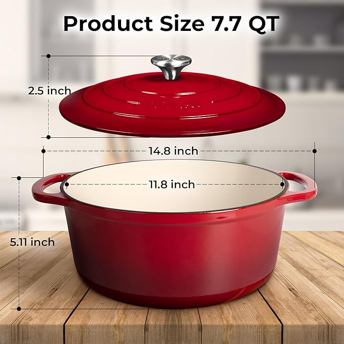 Zulay Kitchen 7.7 Quart Enameled Cast Iron Dutch Oven Pot with Lid ??Premium Durability & Oven Safe up to 500째F ??Heavy Duty Cookware Perfect for Bread Baking, Stews, Braising & Roasting ??Red