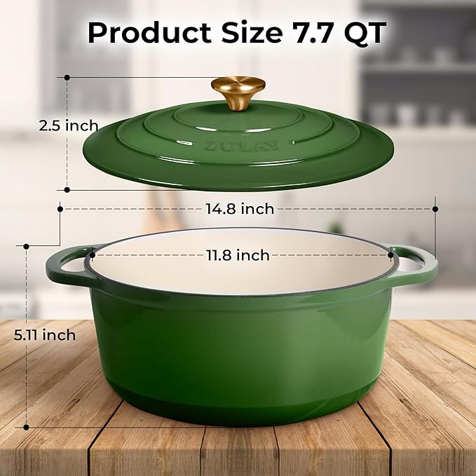 Zulay Kitchen 7.7 Quart Enameled Cast Iron Dutch Oven Pot with Lid ??Premium Durability & Oven Safe up to 500째F ??Heavy Duty Cookware Perfect for Bread Baking, Stews, Braising & Roasting ??Green