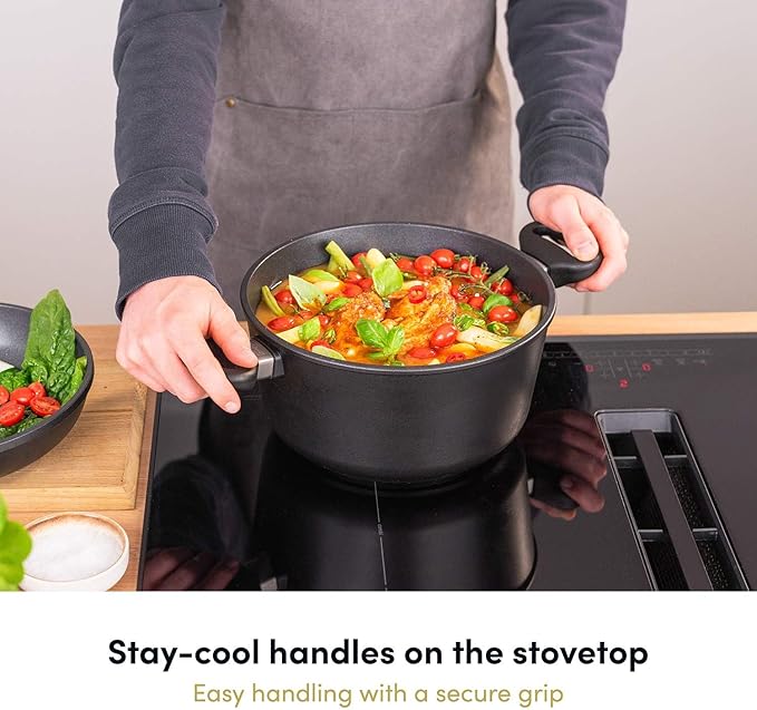 Hoffmann Stoniq Saucepan Hand-Cast Made in Germany, IQ-SHIELD Non-Stick Coating, PFAS-Free, Suitable for Induction Cookers, Casserole Pot, Cast Aluminium with Stainless Steel (with Lid,9.5"(121.7oz))