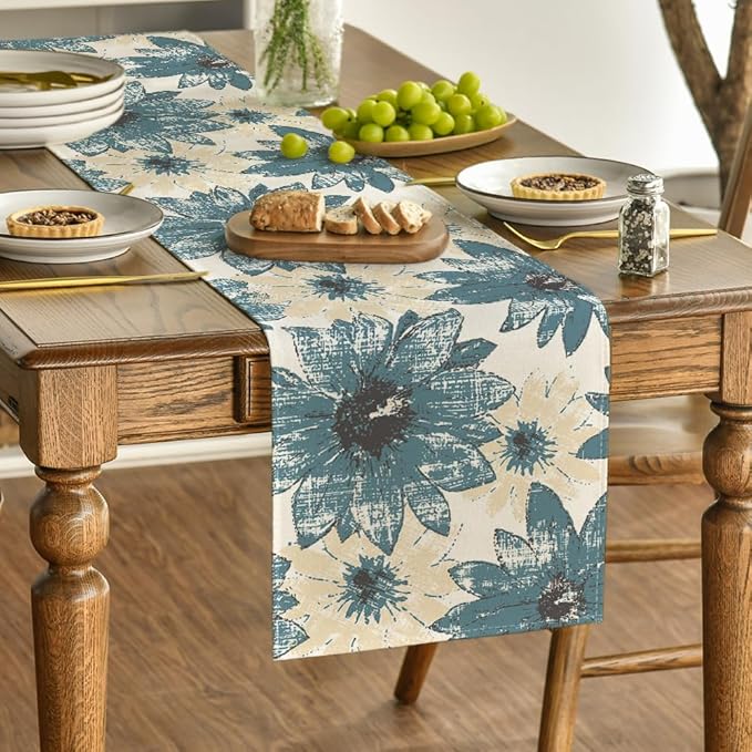 Artoid Mode Blue Retro Daisy Spring Table Runner, Seasonal Vintage Kitchen Dining Table Decoration for Home Party Decor 13x90 Inch