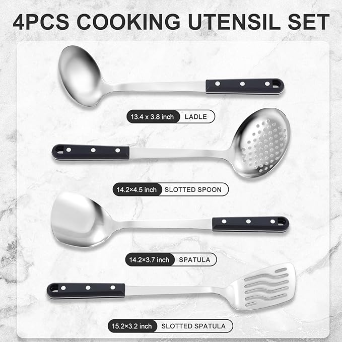 Pleafind 4-Pcs Cooking Utensils Set, Stainless Steel Kitchen Utensils, Mirror Polished Kitchen Essentials Set Include Wok Ladle, Slotted Spoon, Wok Spatula 竊냆lotted Spatula, Dishwasher Safe