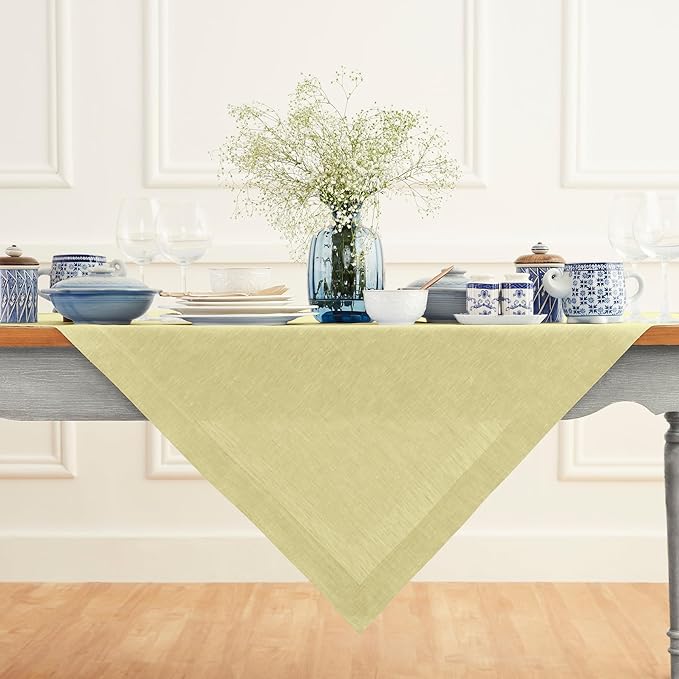 Solino Home Linen Tablecloth 52 x 52 Inch - 100% Pure Linen Square Table Throw - Athena, Machine Washable Chambray Yellow Tablecloth for Spring, Easter