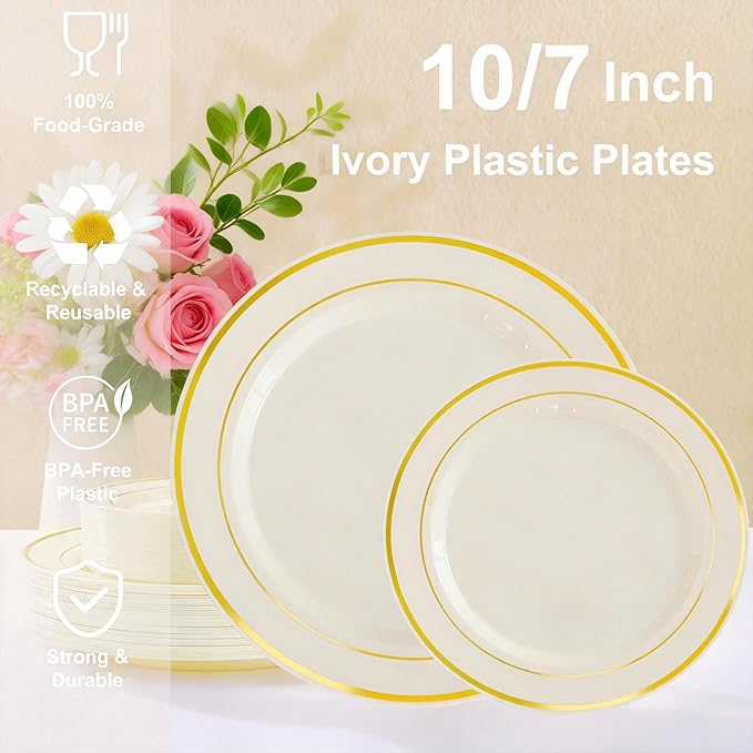 U-QE 100pcs Ivory Plastic Plates for Party - Ivory Gold Plastic Plates Disposable Heavy Duty - Include 50 10" Dinner and 50 7" Dessert Plate, Perfect for Party, Wedding