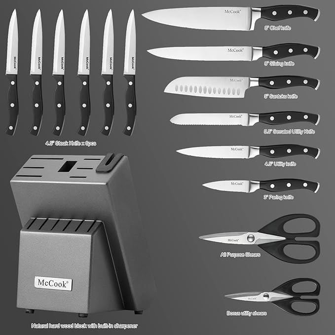 McCook짰 Knife Sets,German Stainless Steel Kitchen Knife Block Set with Built-in Sharpener