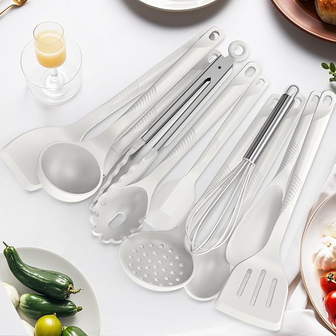 Silicone Cooking Utensils Set - 600째F Heat Resistant, Nonstick Kitchen Utensil Set with Spatulas, Spoons, Whisk, Tongs, BPA Free, Dishwasher Safe, Cream White