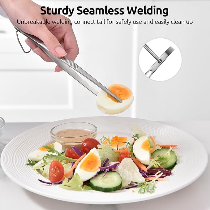 U-Taste 8in Kitchen Plating Tweezer: 18/8 Stainless Steel Food-Grade Metal Food Tong, Seamless-Welding, Sturdy and Flexible with Non-Slip Tips for Serving, Decorating, Cooking, Baking (Pointed Tip)