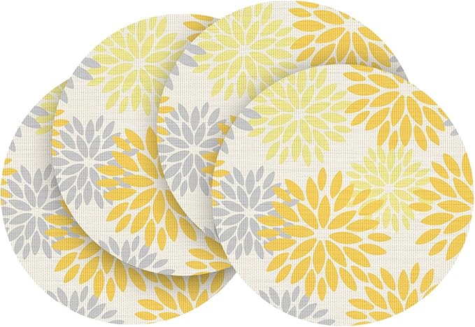 Artoid Mode Yellow Dahlia Plastic Round Placemats Set of 4, 14 Inch Seasonal Washable Woven Vinyl Table Mats for Farmhouse Party Kitchen Dining Decor