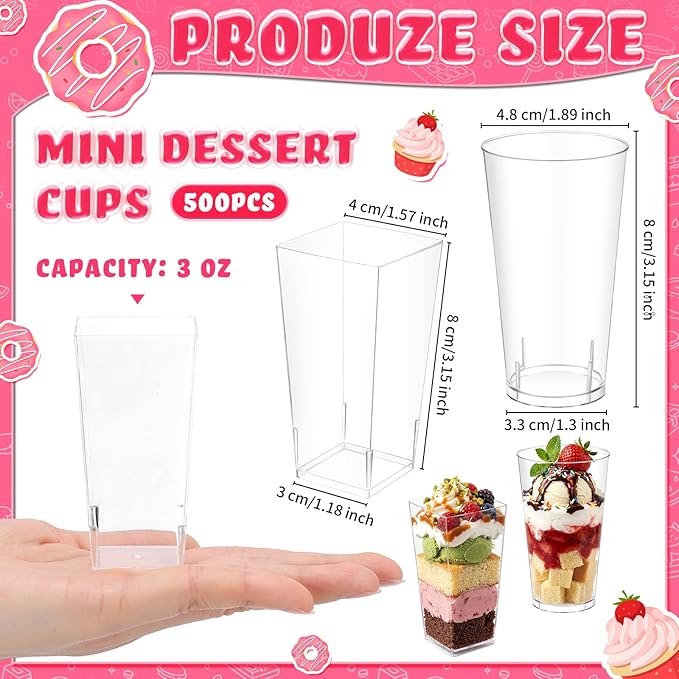 Uiifan 500 Pack 3 oz Mini Dessert Cups Tall Clear Plastic Parfait Cups cake Shooter for Desserts, Appetizers, Mousse Chocolate Dessert (Square Shape, Round Shape)
