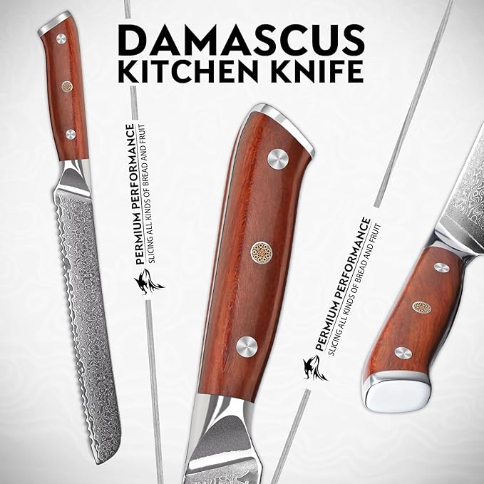 Purple Dragon Damascus Bread Knife 8 Inch, VG10 Steel Serrated Knife for Homemade Sourdough Bread, Cake and Fruit, Razor-Sharp Chef's Knives Christmas Gift for Men and Women
