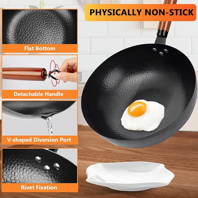 Carbon Steel Wok Pan, 14 Piece Woks & Stir-Fry Pans Set with Wooden Lid Cookwares, No Chemical Coated Flat Bottom Chinese Pan for Induction, Electric, Gas, Halogen All Stoves - 12.6''