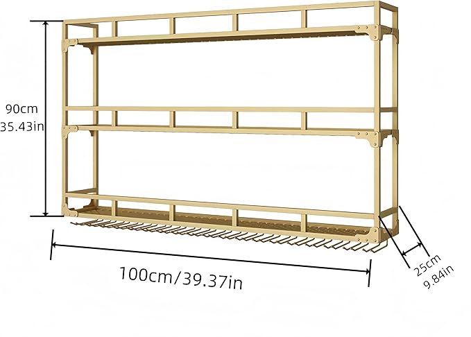 39 Inch Metal Wine Rack Wall Mounted, Bar Shelves Wall Mounted with LED Light, Large 3-Tier Liquor Bar Display Shelf with Wine Glasses for Home Bars, Dining Room & Kitchen, Gold