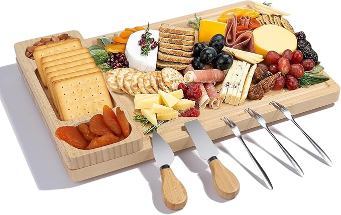 Premium Bamboo Charcuterie/Cheese Board Set ??Wooden Serving Tray with Hidden Knife Storage ??Cheese Knives & Forks - Perfect Bridal Shower, Housewarming, Anniversary, Mother's Day Gifts