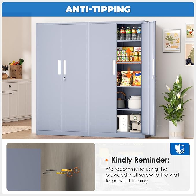 INTERGRAET 63" Tall Pantry Cabinet,Kitchen Pantry Storage Cabinets with 2 Doors and 4 Shelves,Cement Gray Metal Storage Cabinet,Cupboard for Home,Kitchen,Living Room/Dining