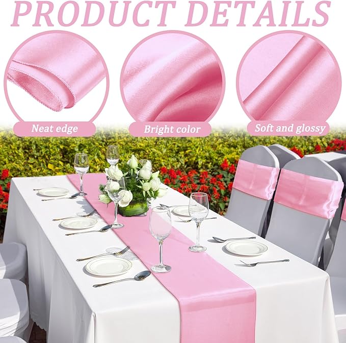 Bencailor 24 Pcs Pink Satin Table Runner Bulk 12 x 108 Inches Long Table Runners Bright Smooth Fabric Tablecloth for Wedding Banquet Birthday Valentines St Patrick's Day Party Decorations