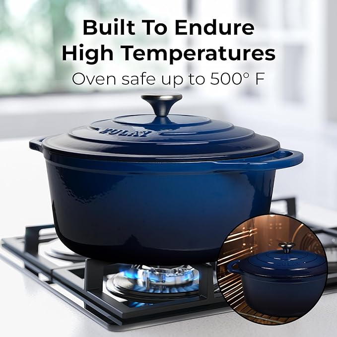 Zulay Kitchen 7.7 Quart Enameled Cast Iron Dutch Oven Pot with Lid ??Premium Durability & Oven Safe up to 500째F ??Heavy Duty Cookware Perfect for Bread Baking, Stews, Braising & Roasting ??Blue