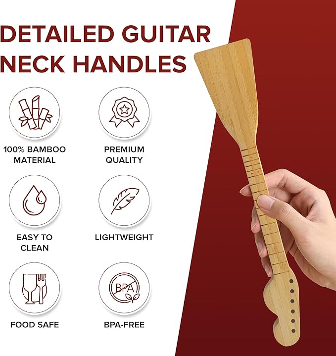 Guitar Bamboo Cooking Utensils Set (4-Piece) | Wooden Spoons and Spatulas | Fun Music Themed Kitchen Gadgets & Accessories | Unique Gift for Musicians, Guitar Players