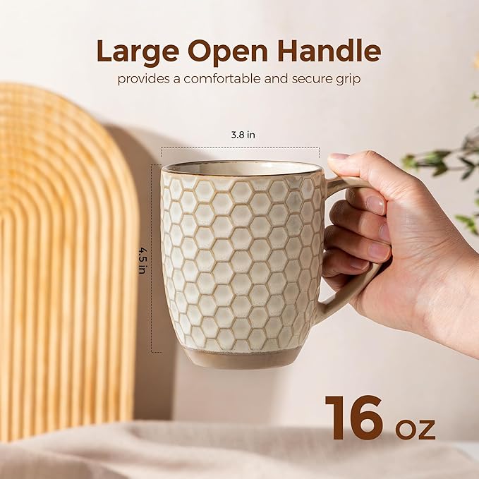 GBhome Large Coffee Mugs Set of 4, 16oz Handmade Embossed Coffee Mugs Set with Large Handle for Cappuccino/Latte/Tea/Hot Cocoa, Dishwasher & Microwave Safe, Khaki