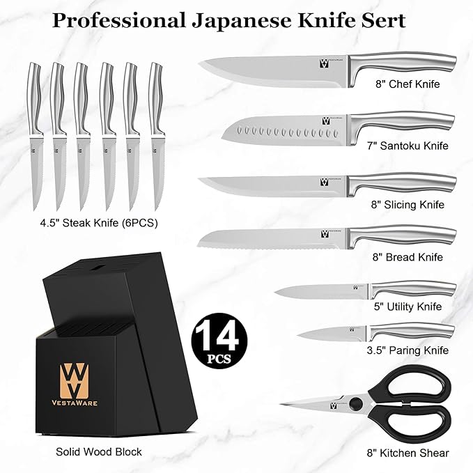 Vestaware Knife Set, 14 Pcs Kitchen Knife Block Set, Japanese High Carbon Stainless Steel Knives Set for Kitchen, Razor-Sharp Chef Knife Set, Gifts for Men