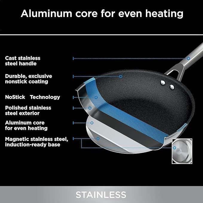 RV pan Stainless Steel Non Stick Fry Pan Set,8 & 10 Inch,Gas Electric Induction Compatible,PFOA Free,Dishwasher Safe,Oven Safe up to 500째F,2-Piece Cookware,Even Heat Distribution & Stay Cool Handles.
