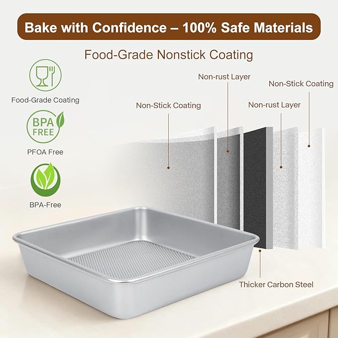 Logario 9-Inch Square Cake Pan Set of 2, Heavy Duty Nonstick with Textured Honeycomb Surface, Aluminized Steel BPA & PFOA Free, Warp Resistant, Even Heating for Brownies, Lasagna, Pizza & Casseroles