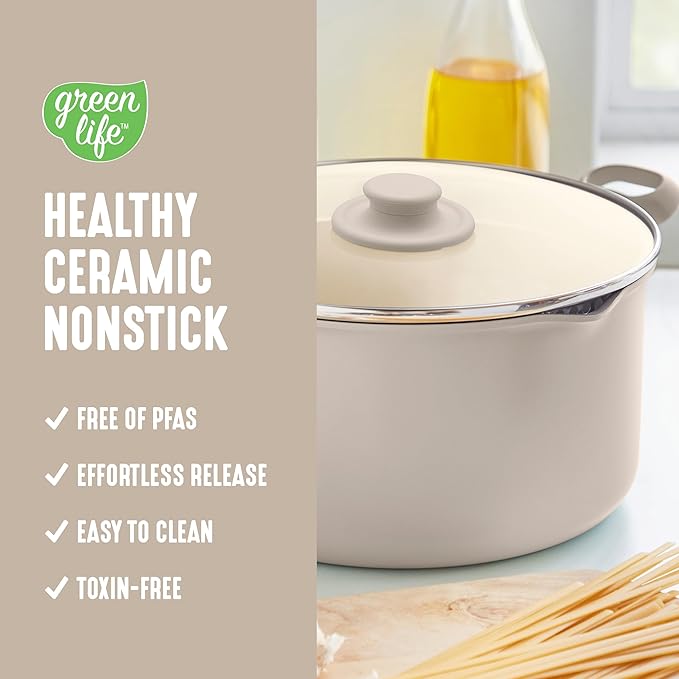 GreenLife 6QT Ceramic Nonstick Stockpot with Glass Straining Lid, PFAS-Free, Dishwasher Safe, Stay-Cool Handles, Oven Safe to 350째F, Wobble-Free Base, Even Heating, Taupe