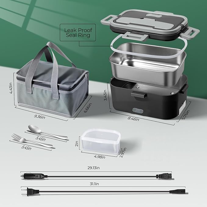 Vidaskeci Electric Lunch Box for Adults 100W Fast Heated Lunch Box for Men Women 1.8L Stainless 304Steel Containers Fast Heating Portable Food Warmer 12V/24V/110V Home/Car/Office/Truck(Black + Gray)