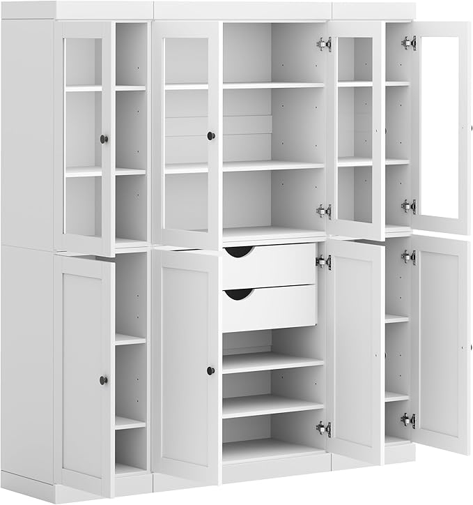 Palace Imports 100% Solid Wood Kitchen China Pantry Cabinet, 65" W - 4 Clear Glass & 4 Shaker Doors, Renewable Eco-Friendly Wood, Made in Brazil (White, 8 China/Shaker Doors | 2 Drawers)