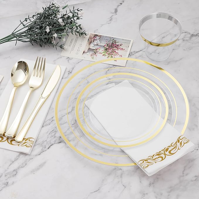 BESTVIP 350PCS Clear Gold Disposable Dinnerware Set for 50 Guests, Plastic Plates for Party, Wedding, Christmas, Include: 100 Plastic Plates, 50 Gold Silverware, 50 Cups, 50 Napkins