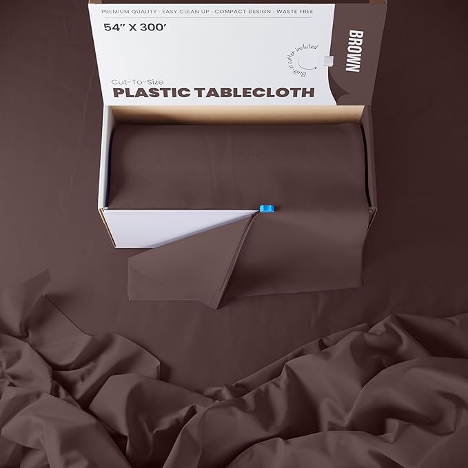 Party Solids 54 Inch X 300 Feet Brown Plastic Table Cover Roll in A Cut - to - Size Box with Convenient Slide Cutter. Cuts Up to 36 Rectangle 8 Feet Plastic Disposable Tablecloths
