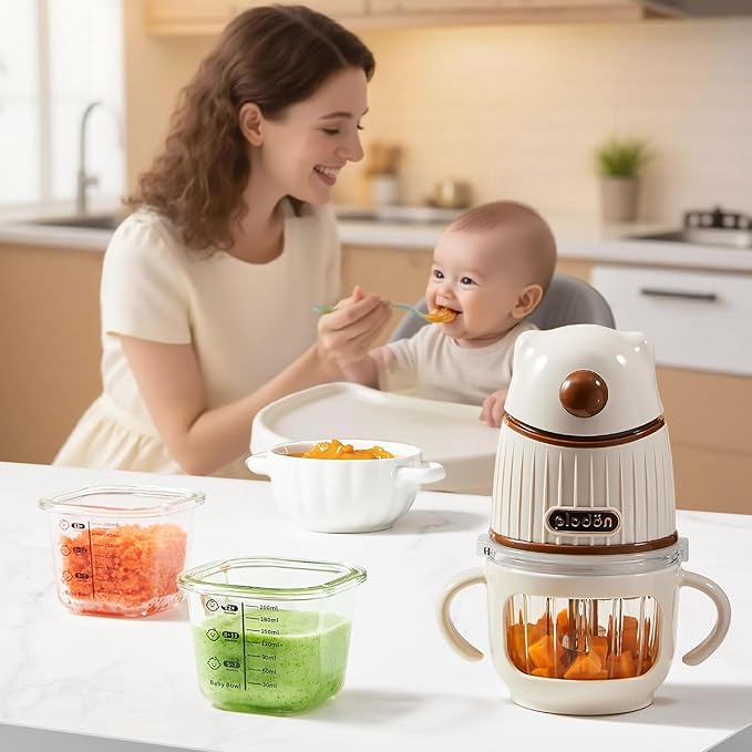 Baby blender food maker, PLODON 15-in-1 baby food processor set, suitable for fruits, vegetables, and meat, compatible with stage-based recipes, separator, silicone spoon, scraper, (WHITE）