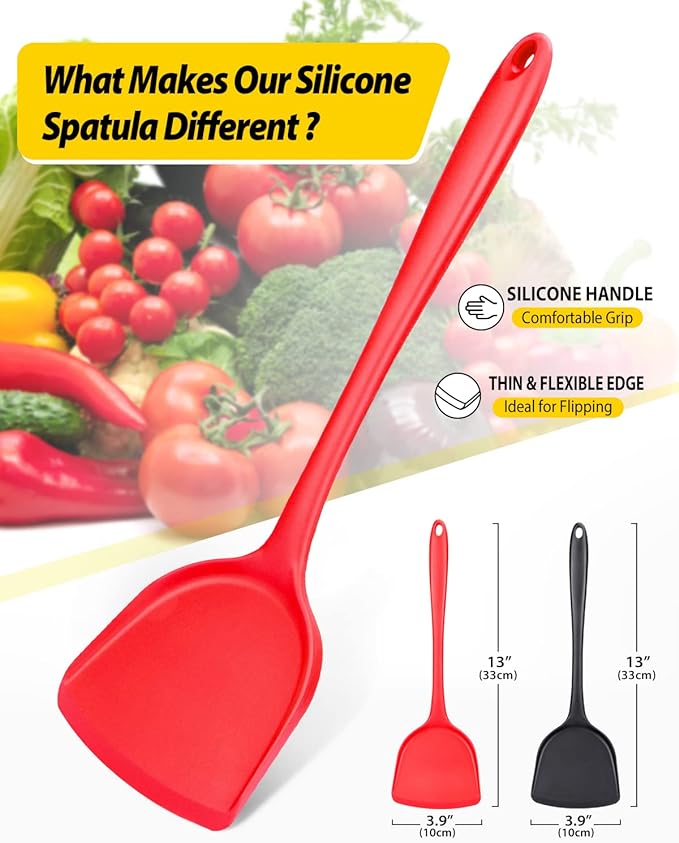 Pack of 2 Silicone Wok Spatula, Non-Stick, Heat Resistant, Easy to Clean and Dishwasher Safe, Seamless Kitchen Utensil for Cooking, Baking, Stir-Fry (Black-Red)