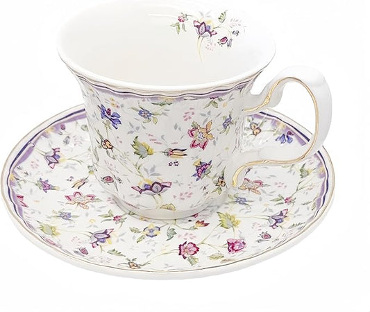 GOMMO Vintage Style Floral Tea Cup and Saucer Set for 1, English Elegant Fine China Tea Cup, 7 oz Cappuccino Espresso Latte Mug (1, Vintage Floral)