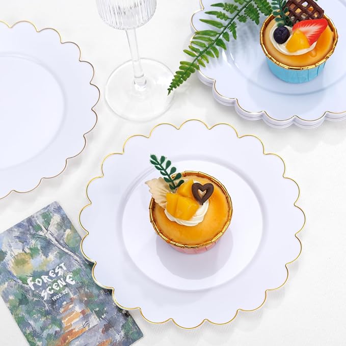 SUT 72Pcs Plastic Plates-7.5inch White Dessert Plates with Gold Trim, White Disposable Plates, Disposable Plates,Fancy Plastic Plates, Heavy Duty Plastic Plates for Christmas & Parties