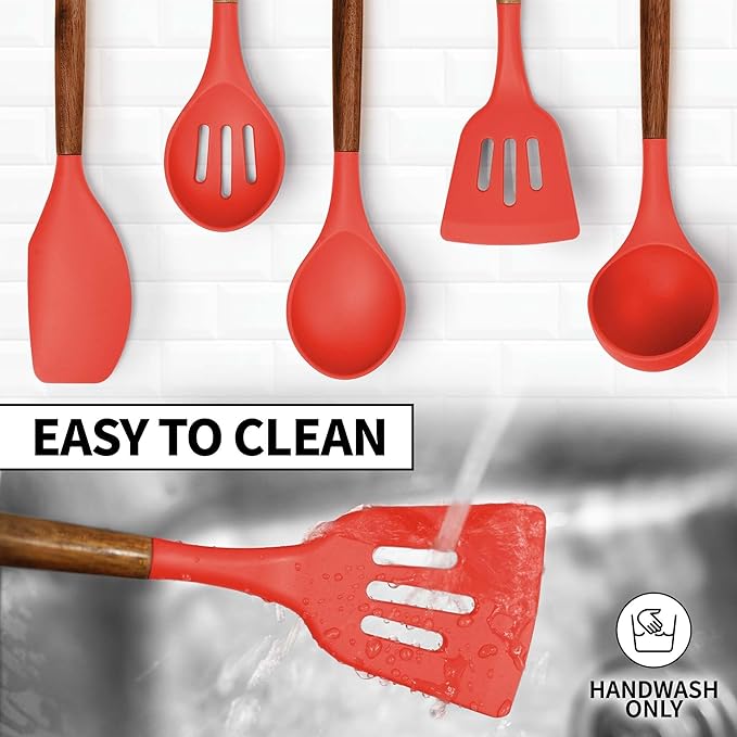 Zulay Kitchen Utensils Set Non-Stick Silicone Cooking Utensils Set with Authentic Acacia Wood Handles - 5 Piece Silicone Utensil Set - Kitchen Utensils Set with 464째F Heat Resistance - Red