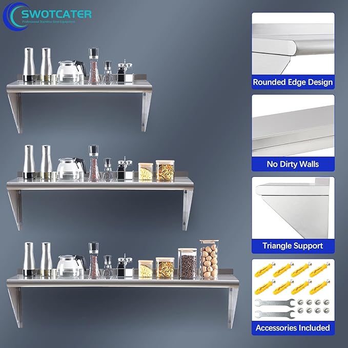 2 Pack Stainless Steel Shelf 12"x36" 280LB, Commercial Wall Mounted Metal Shelving for Home Kitchen, Restaurant