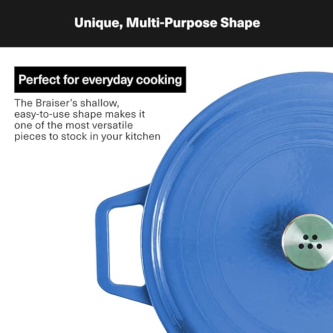 Misen 5.5 QT Braiser ??Enameled Cast Iron Pan for Searing, Braising & Slow Cooking ??No-Chip Enamel Coating ??Extra-Wide Handles ??Superior Heat Retention & Even Cooking - Blue