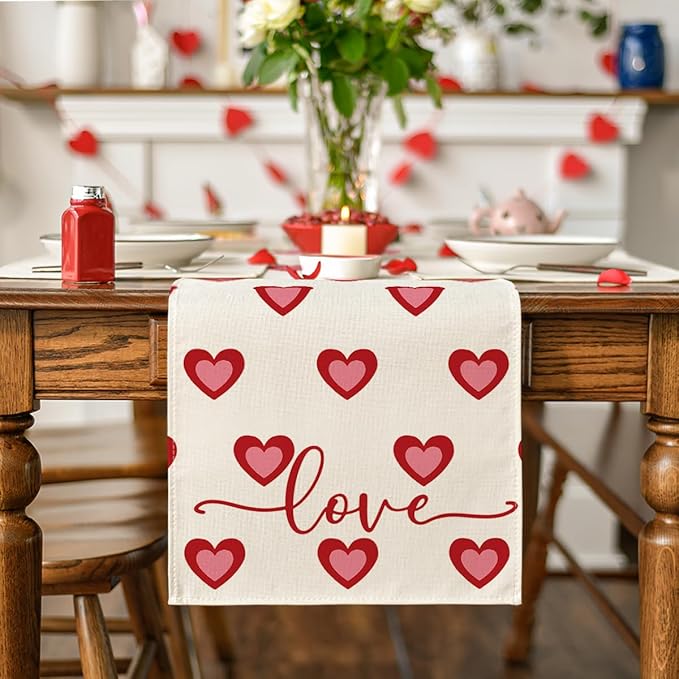Artoid Mode Love Hearts Table Runner, Wedding Kitchen Dining Table Decoration for Home Party Decor 13x72 Inch