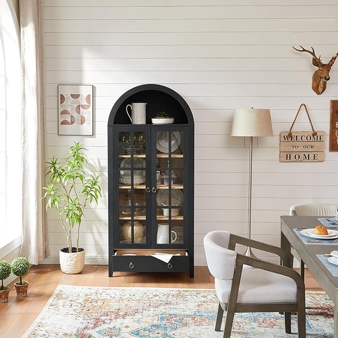 71" Tall Arched Cabinet, Modern Farmhouse Wooden Display Cabinet with Drawer and Glass Doors, 6 Tier Bookshelf w/Adjustable Shelves for Living Room, Office, Black
