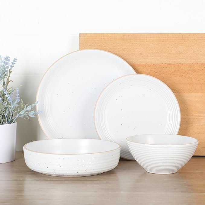 Gibson Home Dinah 16-Piece Matte White Stoneware Dinnerware Set ??Double Bowl, Embossed Speckled Design, Durable Kitchen Dinnerware