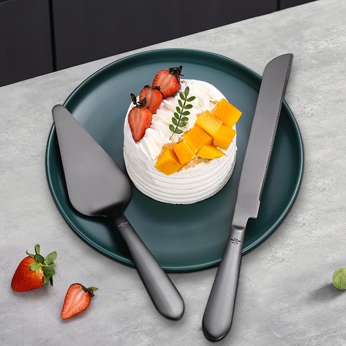Wedding Cake Knife and Server Set, Integral Stainless Steel Longer Cake Cutter and Wider Pie Spatula, Elegant Cake Cutting Serving Set for Party Birthday Bridal Shower Set of 2, Matte Black