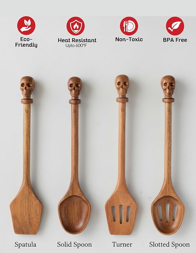 Acacia Wood Cooking Utensil Set with Skull Handles ??4-Piece FSC Certified Acacia Wood Kitchen Tools, Eco-Friendly Nonstick Safe Cooking Utensils (Spatula, Spoon, Slotted Turner, Slotted Spoon)