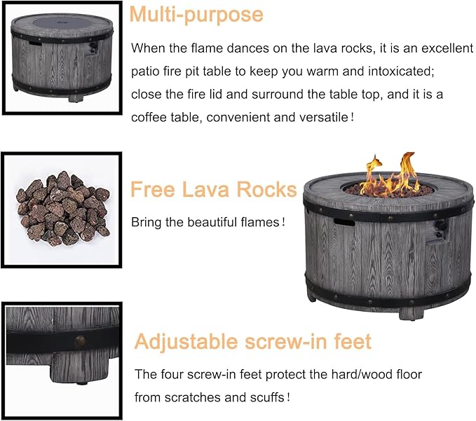 Afterglow Outdoor 36" Round TerraFdab Propane Fire Pit Table for Outside Patio Backyard Garden, Firepit Table with Weather Cover and Lava Rocks(Gas Tank not Included)竊?0000 BTU, Wood Look(Grey)