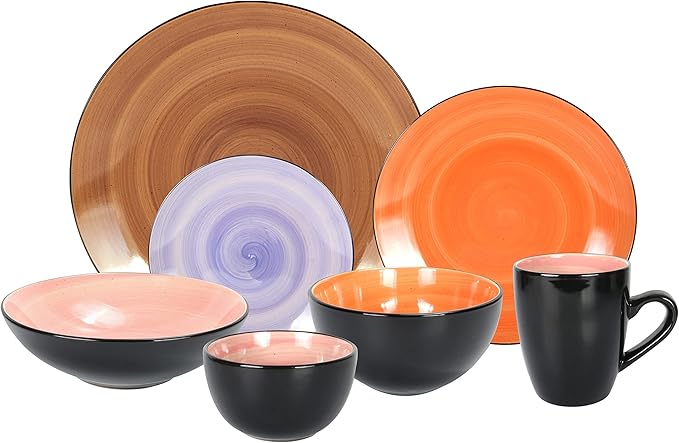 Stoneware Sonoma Dinnerware Set, Black + Speckled Spin Wash (56pc Set, Mix Cobalt, Mocha, Rose, Spice)