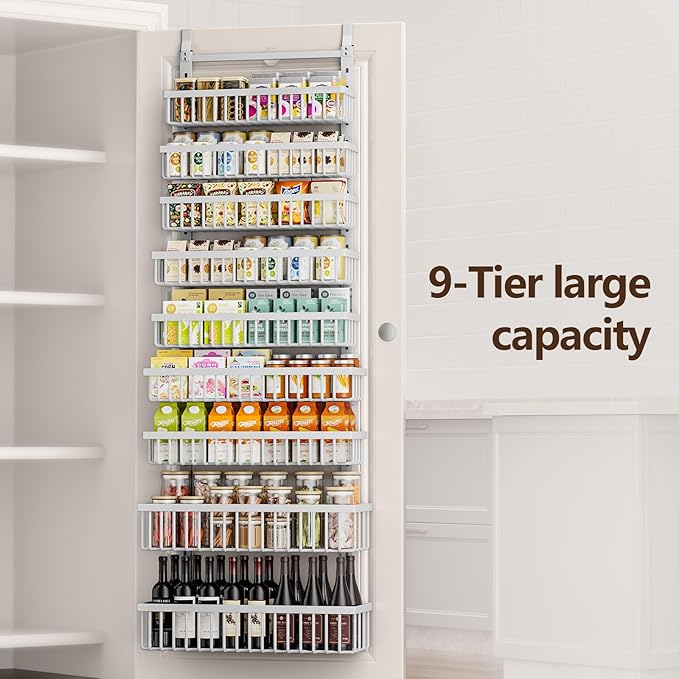 9 Tier Over The Door Pantry Organizer, 2 in 1 Wall Mount or Hanging Spice Rack with Adjustable Basket, Seasoning Organizer and Storage for Kitchen Cabinet Closet Bathroom